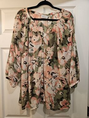 Avenue Floral Button-Front Blouse in Pink & Olive